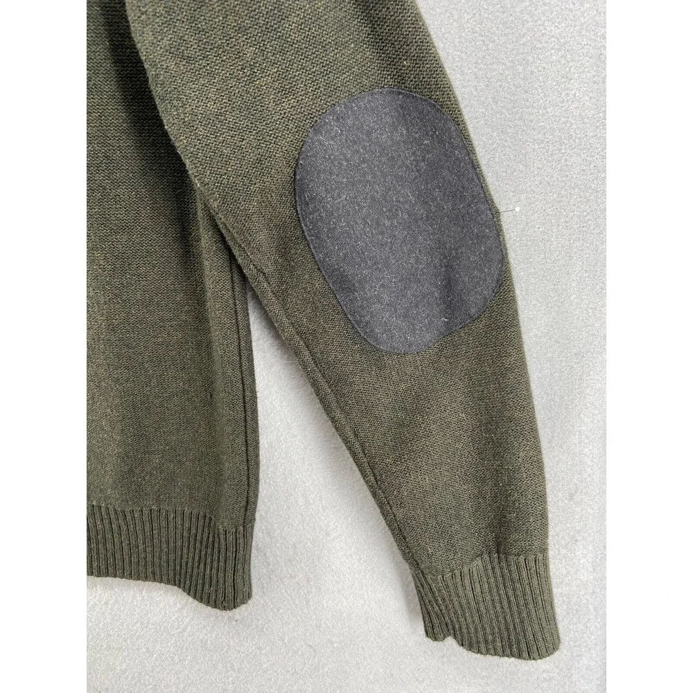 Banana Republic Sweater Men Sz Large Green Gray Wool Full‎ Zip Elbow Patch Cabin